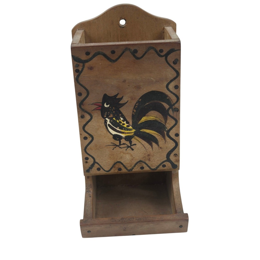 Vtg 40s Woodpecker Woodware Matchstick Box Hand Painted Rooster Folk Art Japan